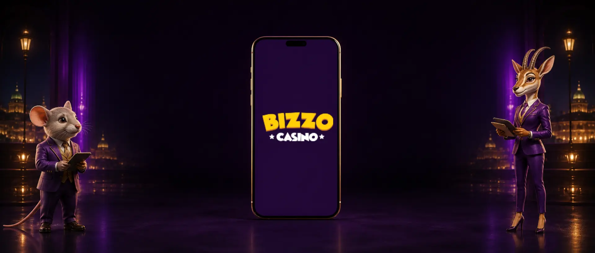 Bizzo Casino App auf Smartphone und Tablet mit Otter- und Gämse-Maskottchen